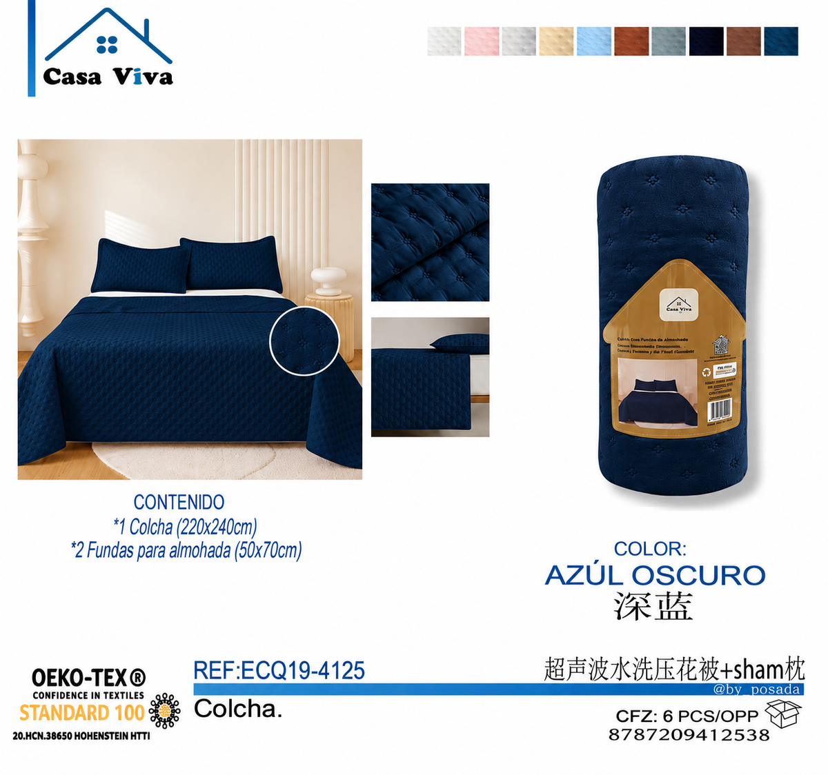 Colcha Acolchada Decorativo Azul Oscuro de Tamaño Queen ECQ19-4125 220X240CM + Funda 50X70CM - Caja de 6 piezas.