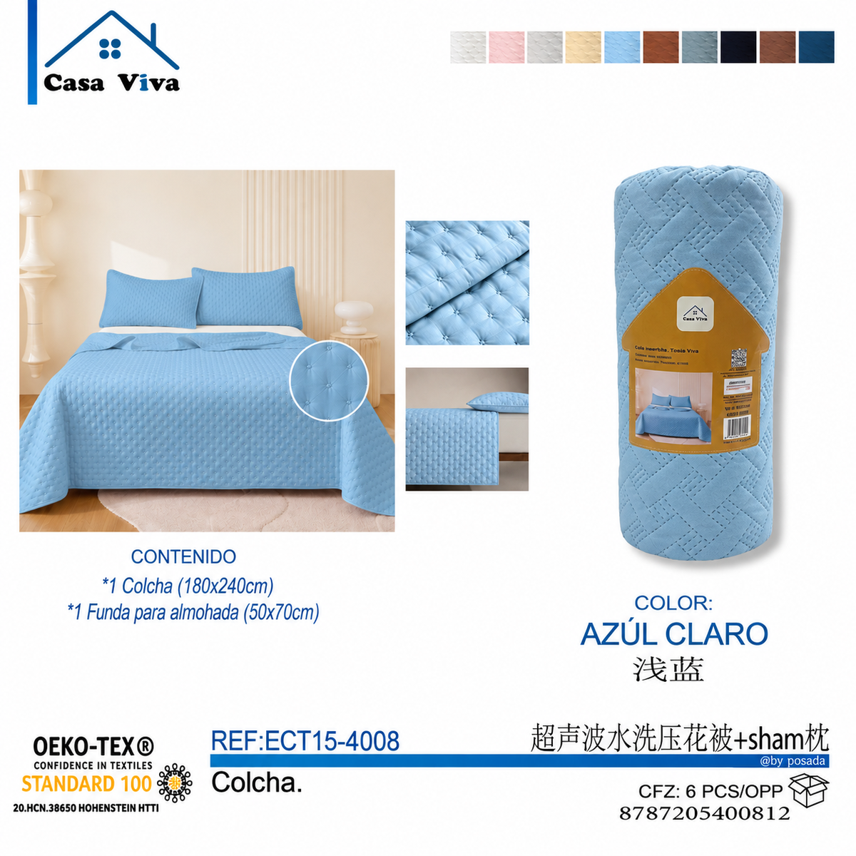 Colcha Acolchada Decorativa Azul Claro de Tamaño Twin ECT15-4008 180X240CM + Funda 50X70CM - Caja de 6 piezas.