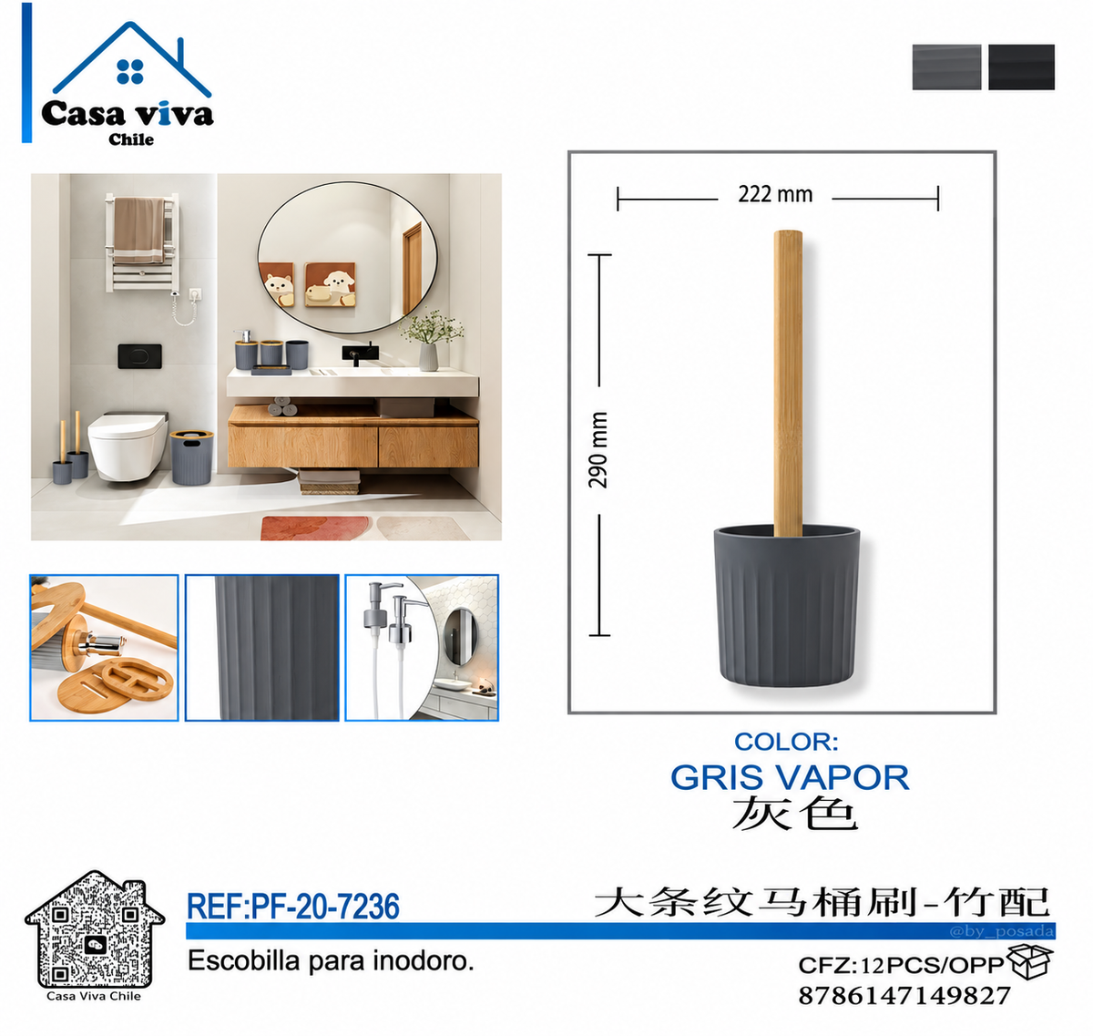Escobilla para Inodoro Nórdica Gris Vapor con Mango de Bambú PF-7236 – Caja de 12 Piezas