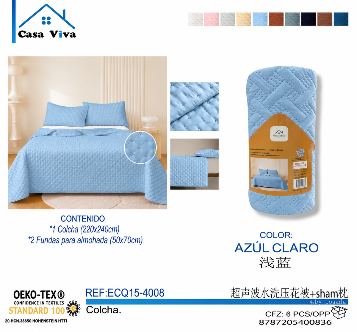 Colcha Acolchada Decorativo Azul Claro de Tamaño Queen  ECQ15-4008 220X240CM + Funda  50X70CM - Caja de 6 piezas.