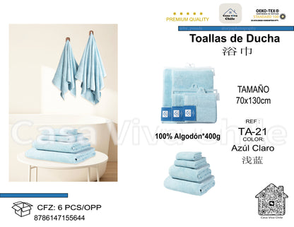 Toallas de Ducha 100% Algodón Azul Claro TA-21 (70x130 cm) – Caja de 6 Piezas