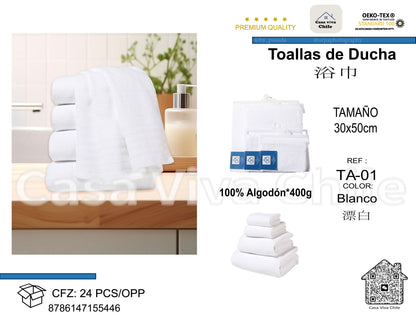 Toallas de Ducha 100% Algodón Blanco TA-01 (30x50 cm) – Caja de 24 Piezas