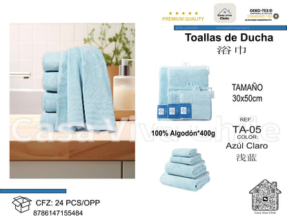 Toallas de Ducha 100% Algodón Azul Claro TA-05 (30x50 cm) – Caja de 24 Piezas