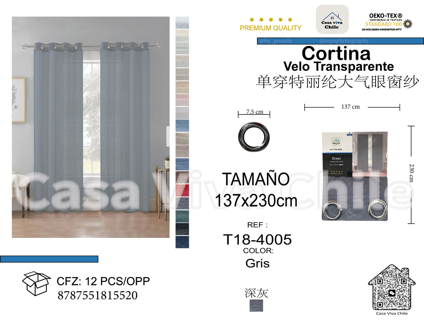 Cortina Velo Transparente Gris (137x230) - Caja Cerrada 12 Piezas