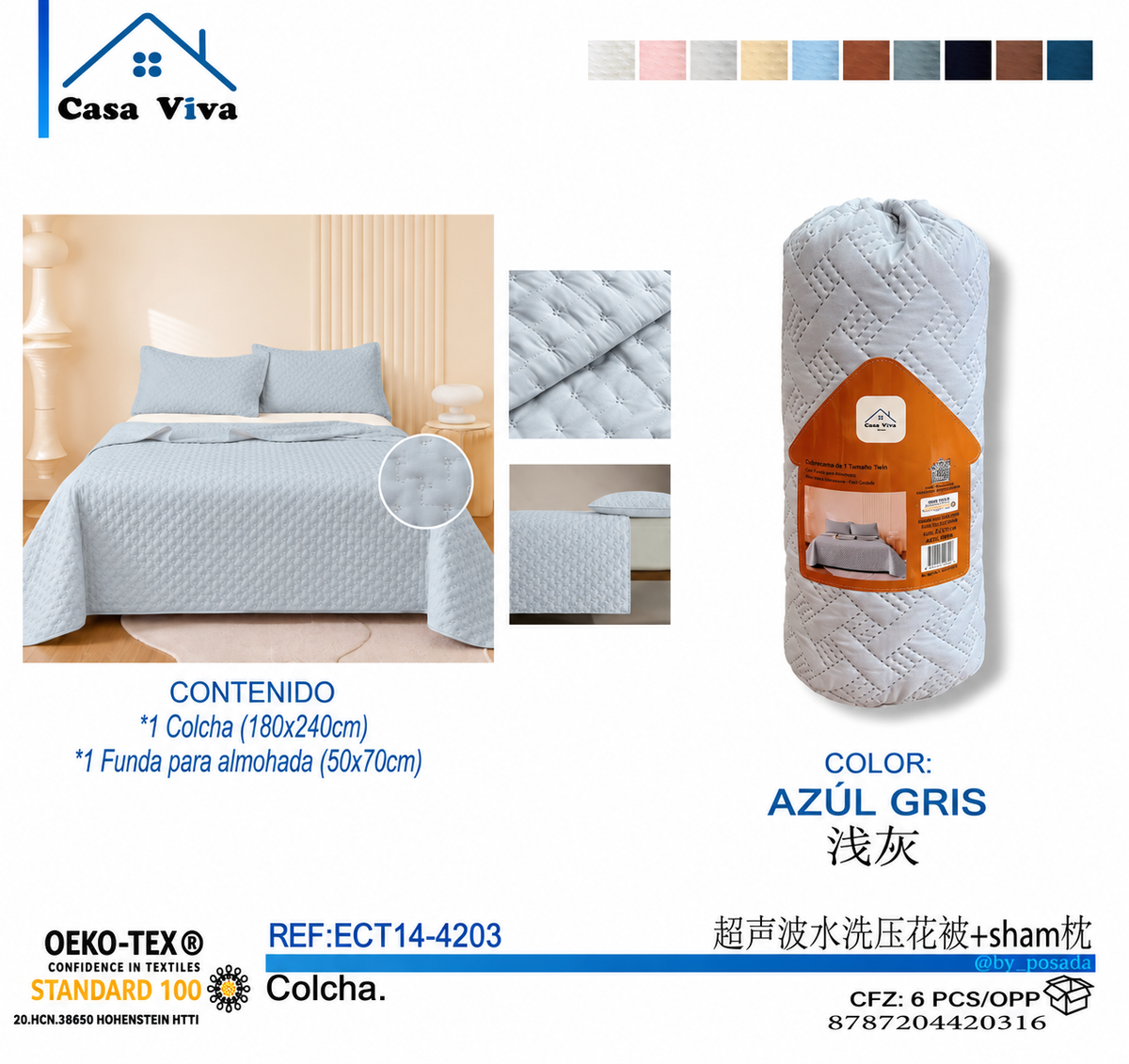 Colcha Acolchada Decorativa  Azul Gris de Tamaño Twin ECT14-4203  180X240CM + Funda  50X70CM - Caja de 6 piezas.