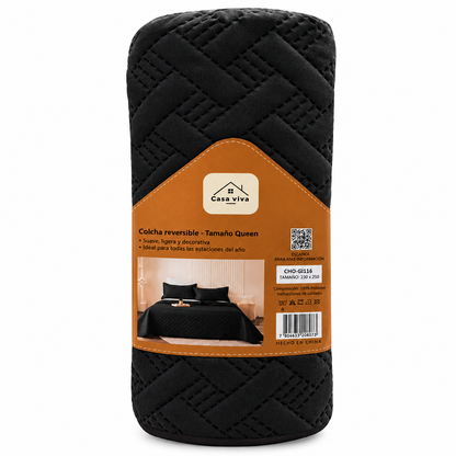 Colcha Acolchada Decorativo Negro de Tamaño Queen  ECQ19-0303  220X240CM + Funda  50X70CM - Caja de 6 piezas.