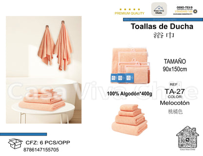 Toallas de Ducha 100% Algodón Melocotón TA-27 (90x150 cm) – Caja de 6 Piezas