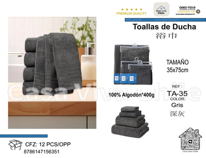 Toallas de Ducha 100% Algodón Gris TA-35 (35x75 cm) – Caja de 12 Piezas