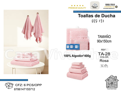 Toallas de Ducha 100% Algodón Rosa TA-28 (90x150 cm) – Caja de 6 Piezas