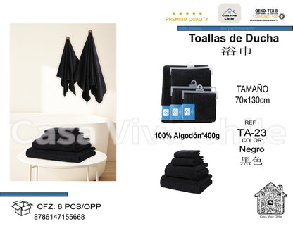 Toallas de Ducha 100% Algodón Negro TA-23 (70x130 cm) – Caja de 6 Piezas
