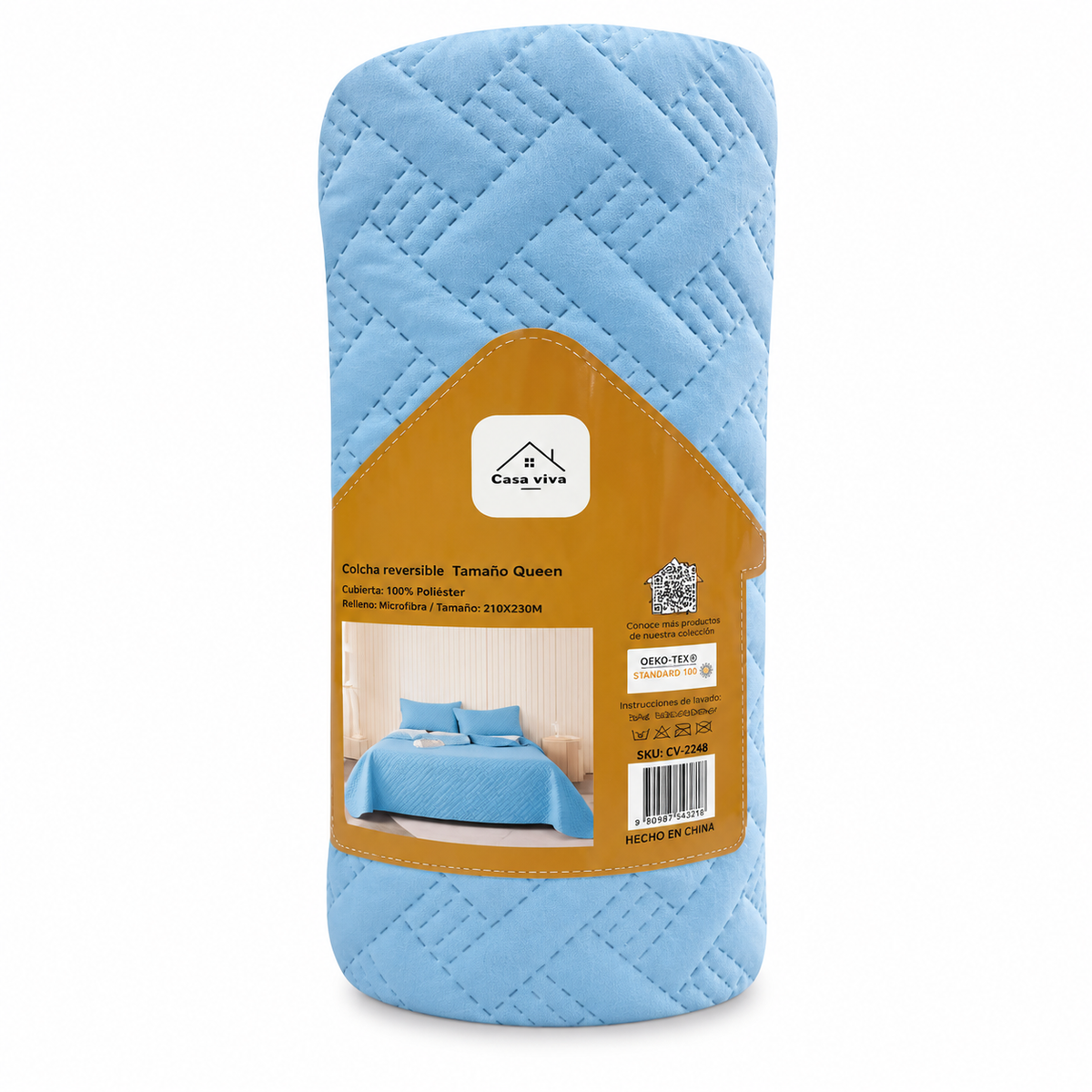 Colcha Acolchada Decorativo Azul Claro de Tamaño Queen  ECQ15-4008 220X240CM + Funda  50X70CM - Caja de 6 piezas.