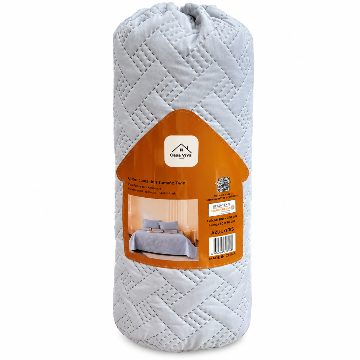 Colcha Acolchada Decorativa  Azul Gris de Tamaño Twin ECT14-4203  180X240CM + Funda  50X70CM - Caja de 6 piezas.