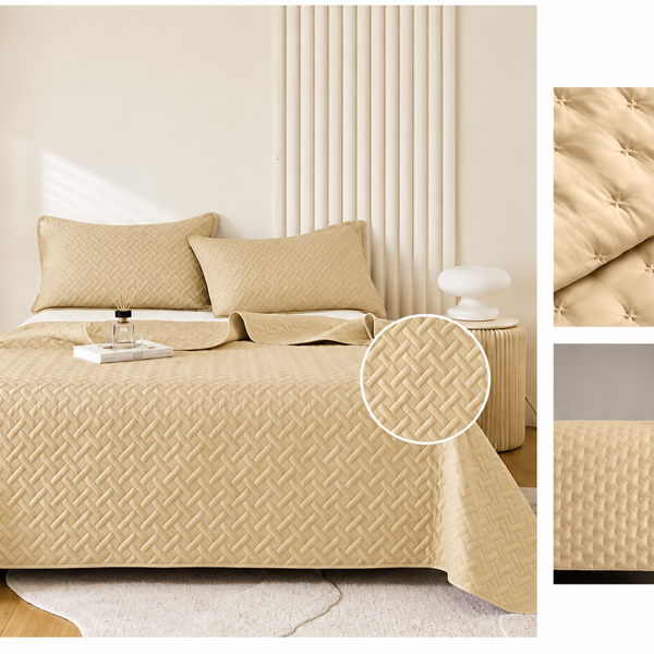 Colcha Acolchada Decorativa  Arena de Tamaño Twin ECT15-1116  180X240CM + Funda  50X70CM - Caja de 6 piezas.