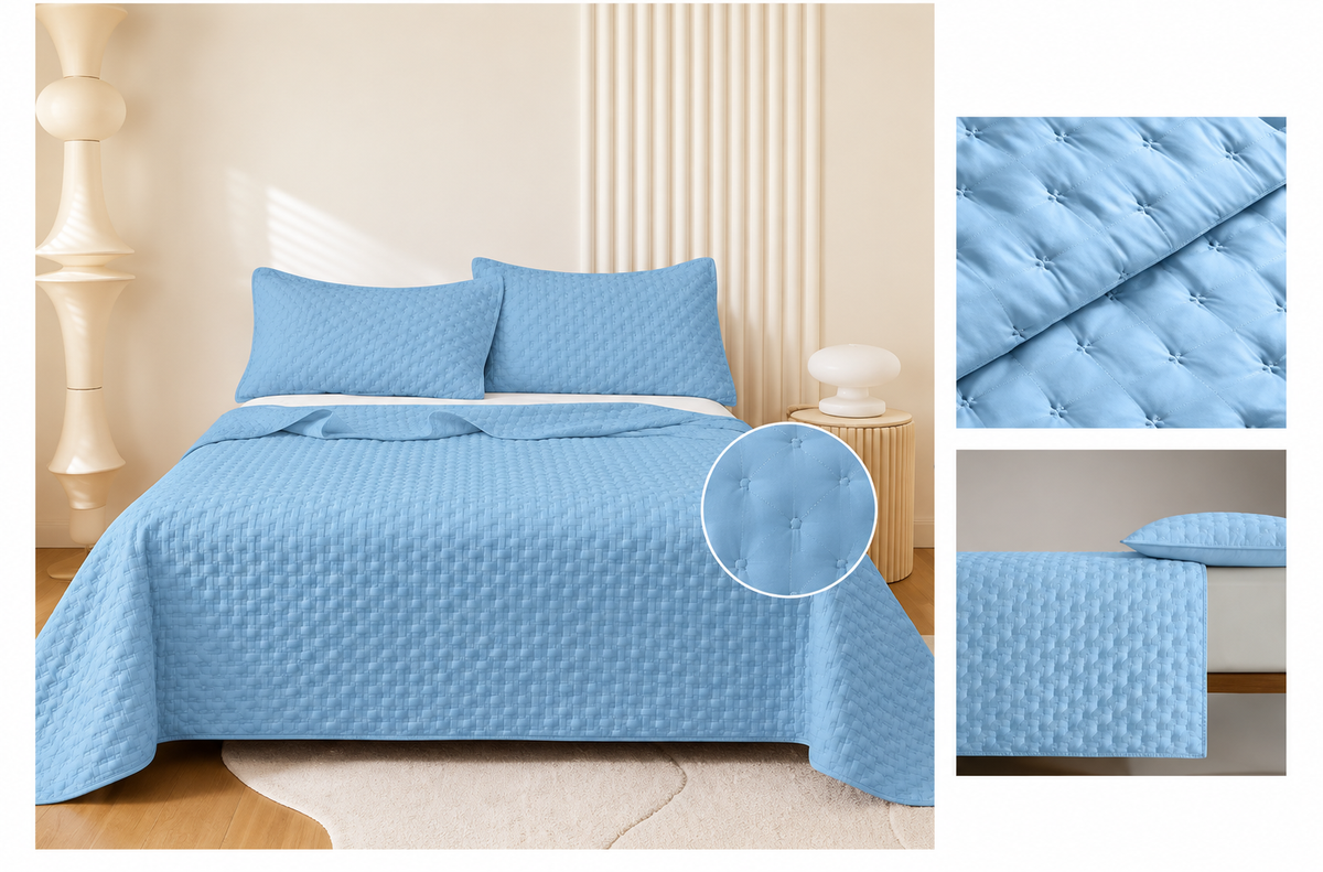 Colcha Acolchada Decorativa Azul Claro de Tamaño Twin ECT15-4008 180X240CM + Funda  50X70CM - Caja de 6 piezas.