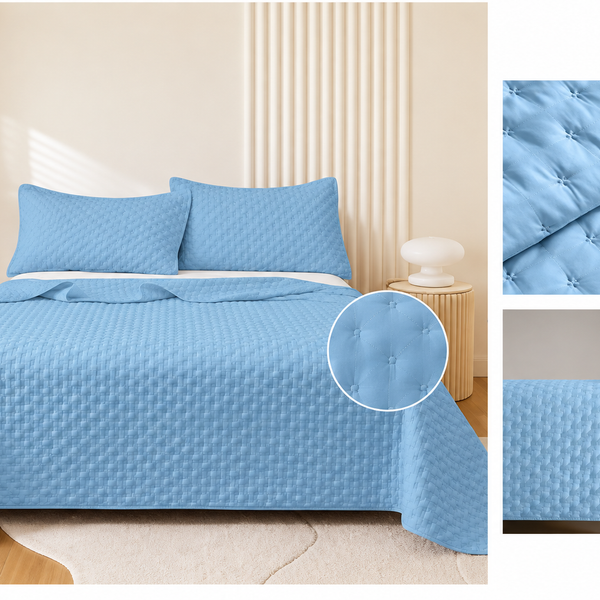 Colcha Acolchada Decorativa Azul Claro de Tamaño Twin ECT15-4008 180X240CM + Funda  50X70CM - Caja de 6 piezas.