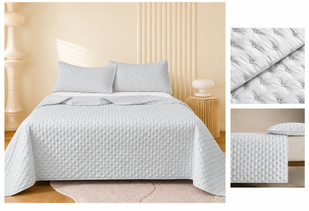 Colcha Acolchada Decorativa  Azul Gris de Tamaño Twin ECT14-4203  180X240CM + Funda  50X70CM - Caja de 6 piezas.