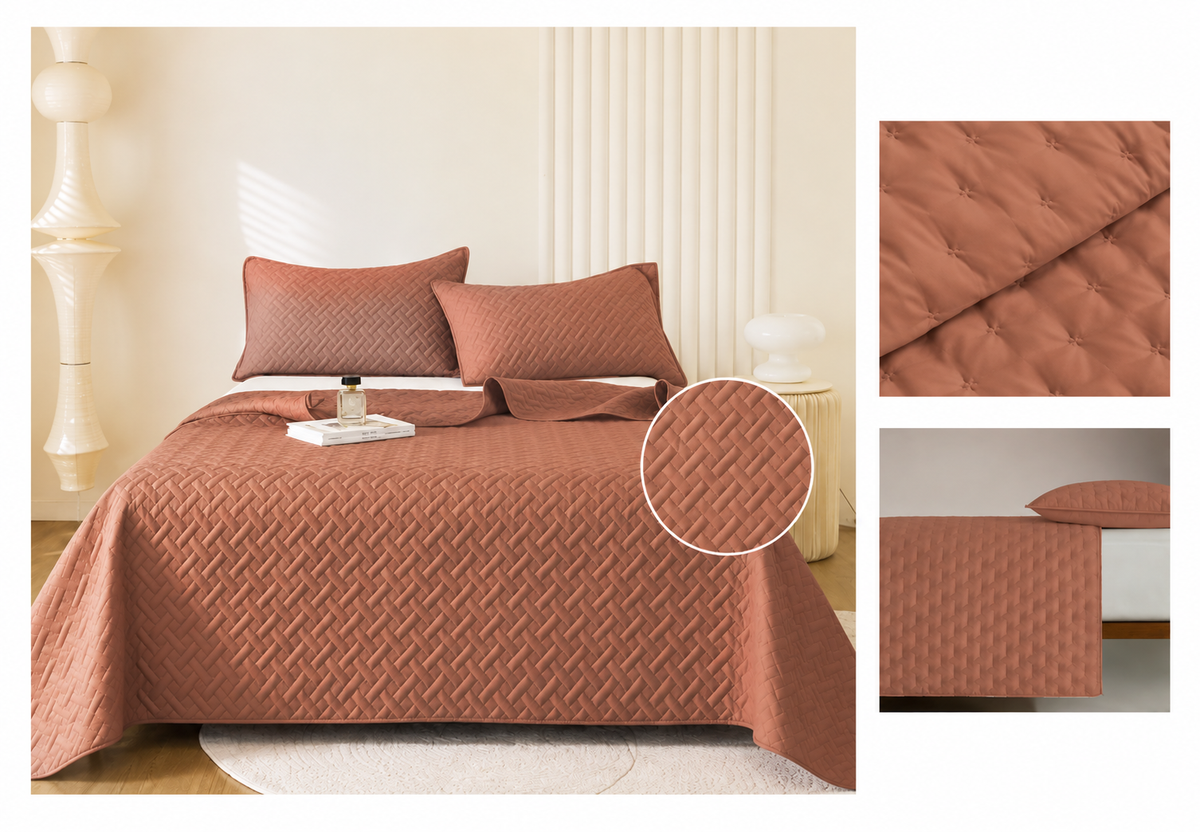 Colcha Acolchada Mocha Decorativa de Tamaño Twin ECT17-1230 180X240CM + Funda  50X70CM - Caja de 6 piezas.