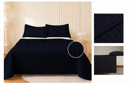 Colcha Acolchada Negro Decorativa de Tamaño Twin ECT19-0303  180X240CM + Funda  50X70CM - Caja de 6 piezas.
