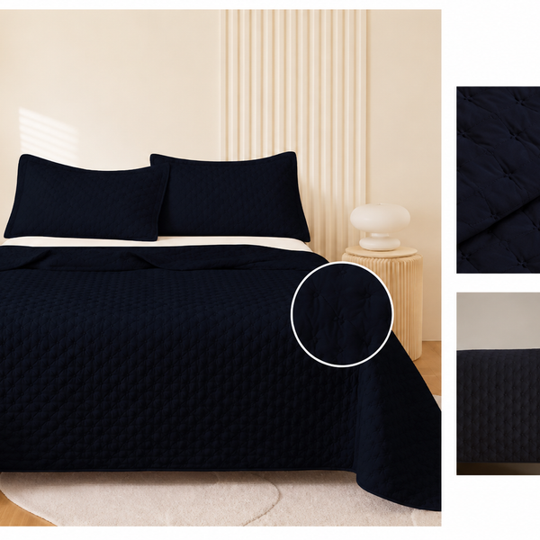 Colcha Acolchada Negro Decorativa de Tamaño Twin ECT19-0303  180X240CM + Funda  50X70CM - Caja de 6 piezas.