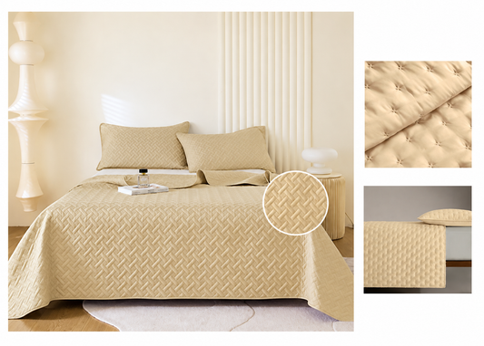 Colcha Acolchada Decorativo Arena de Tamaño Queen  ECQ15-1116  220X240CM + Funda  50X70CM - Caja de 6 piezas.