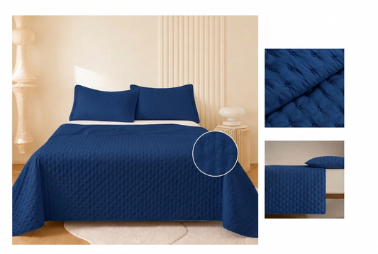 Colcha Acolchada Decorativo Azul Oscuro de Tamaño Queen  ECQ19-4125  220X240CM + Funda  50X70CM - Caja de 6 piezas.