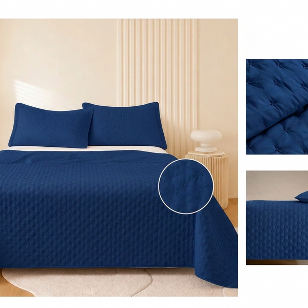 Colcha Acolchada Decorativo Azul Oscuro  de Tamaño Twin ECT19-4125  180X240CM + Funda  50X70CM - Caja de 6 piezas.