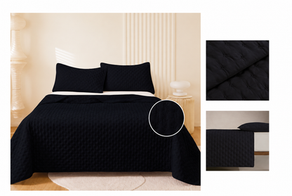 Colcha Acolchada Decorativo Negro de Tamaño Queen  ECQ19-0303  220X240CM + Funda  50X70CM - Caja de 6 piezas.