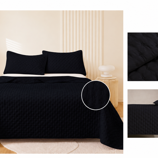 Colcha Acolchada Decorativo Negro de Tamaño Queen  ECQ19-0303  220X240CM + Funda  50X70CM - Caja de 6 piezas.