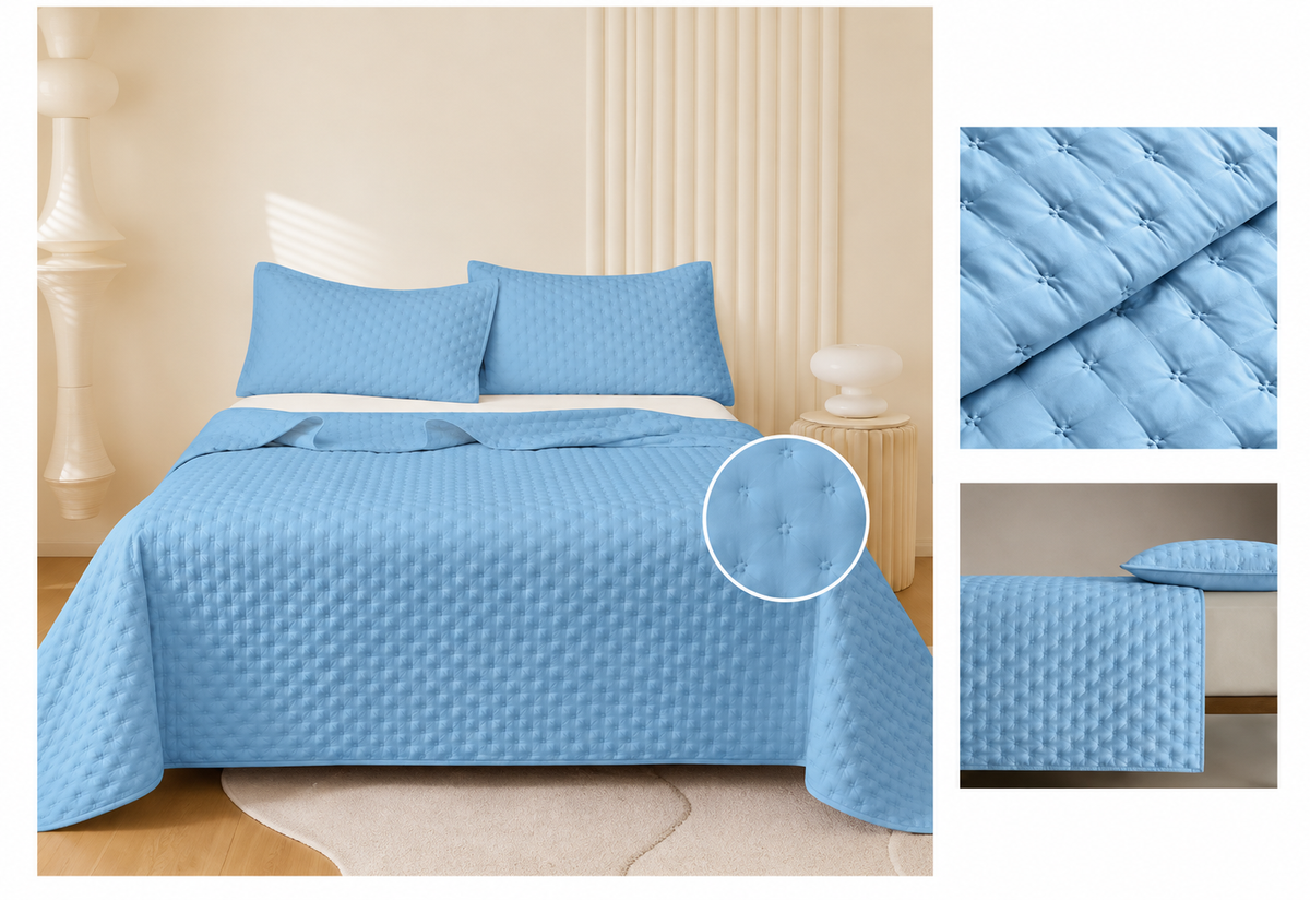 Colcha Acolchada Decorativo Azul Claro de Tamaño Queen  ECQ15-4008 220X240CM + Funda  50X70CM - Caja de 6 piezas.