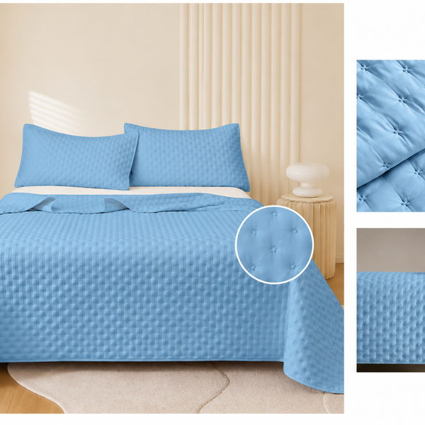 Colcha Acolchada Decorativo Azul Claro de Tamaño Queen  ECQ15-4008 220X240CM + Funda  50X70CM - Caja de 6 piezas.