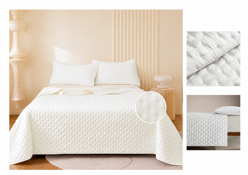Colcha Acolchada Decorativo Blanco  de Tamaño Queen  ECQ11-0601  220X240CM + Funda  50X70CM - Caja de 6 piezas.