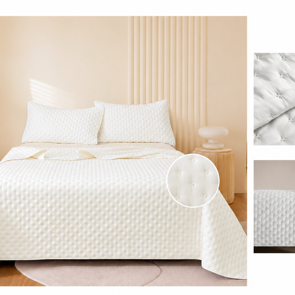 Colcha Acolchada Decorativo Blanco  de Tamaño Queen  ECQ11-0601  220X240CM + Funda  50X70CM - Caja de 6 piezas.
