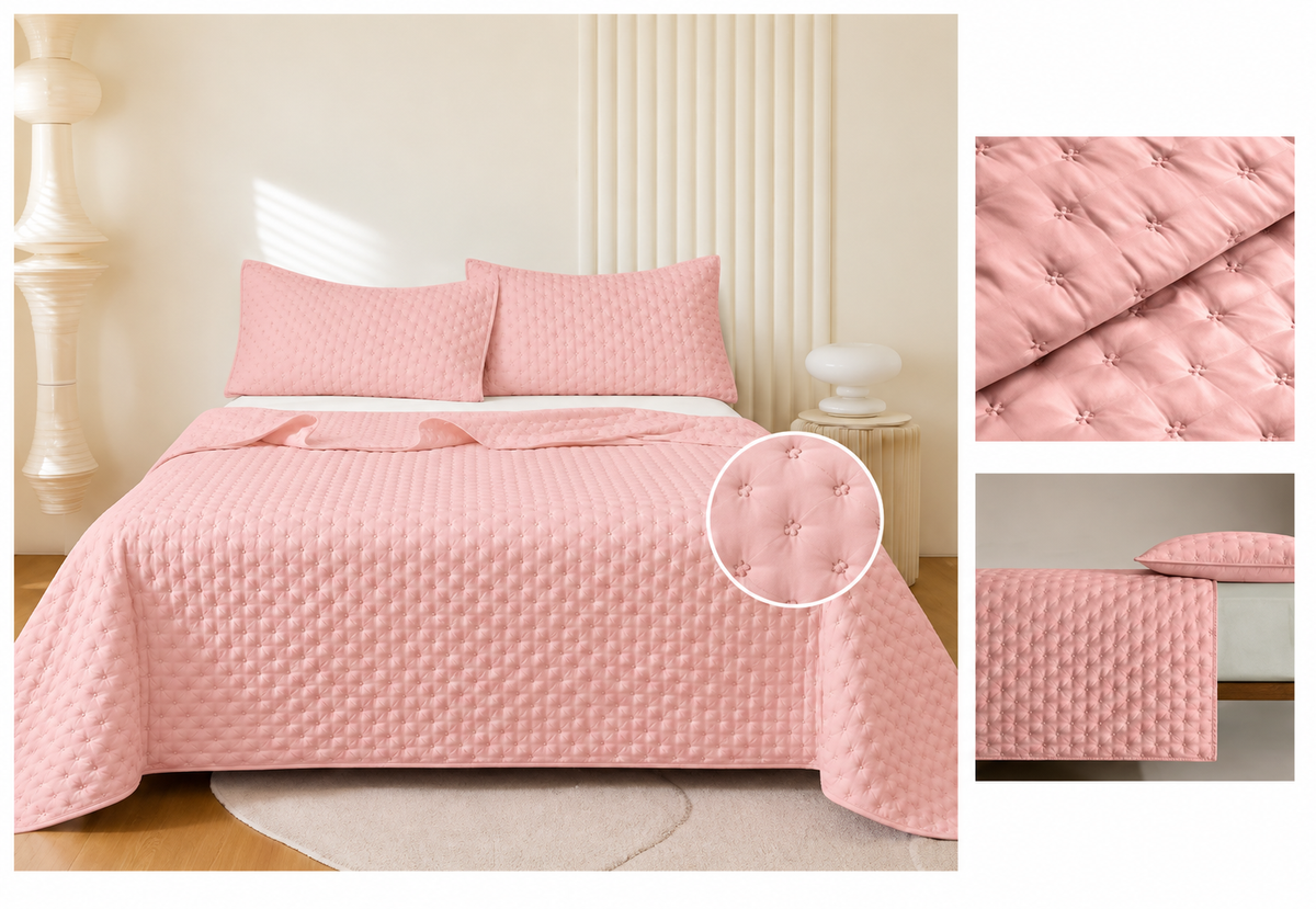 Colcha Acolchada Decorativo Rosa de Tamaño Queen  ECQ14-1309 220X240CM + Funda  50X70CM - Caja de 6 piezas.