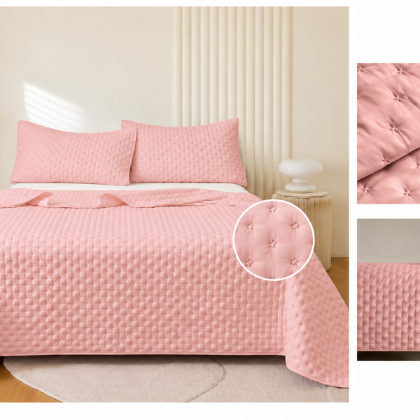Colcha Acolchada Decorativo Rosa de Tamaño Queen  ECQ14-1309 220X240CM + Funda  50X70CM - Caja de 6 piezas.