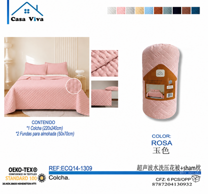 Colcha Acolchada Decorativo Rosa de Tamaño Queen  ECQ14-1309 220X240CM + Funda  50X70CM - Caja de 6 piezas.