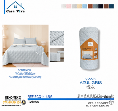 Colcha Acolchada Decorativo Azul Gris de Tamaño Queen  ECQ14-4203 220X240CM + Funda  50X70CM - Caja de 6 piezas.