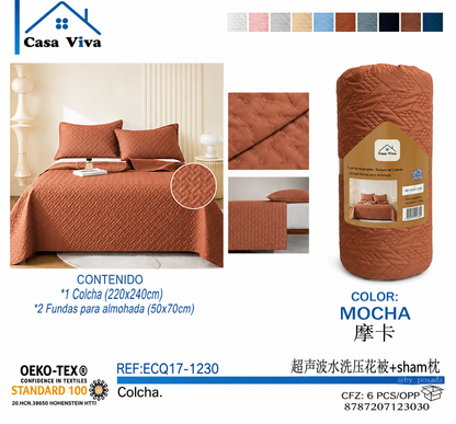 Colcha Acolchada Decorativo Mocha de Tamaño Queen  ECQ17-1230  220X240CM + Funda  50X70CM - Caja de 6 piezas.