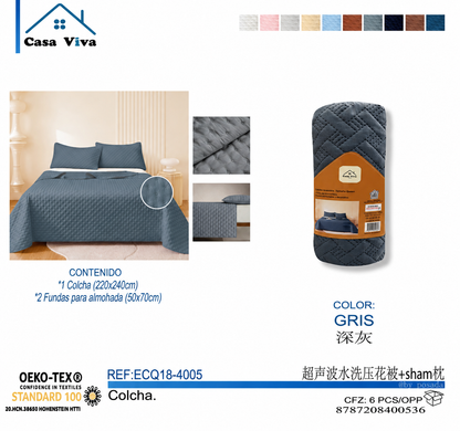 Colcha Acolchada Decorativo Gris de Tamaño Queen  ECQ18-4005  220X240CM + Funda  50X70CM - Caja de 6 piezas.