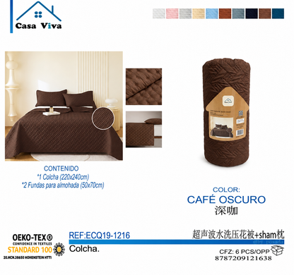 Colcha Acolchada Decorativo Cafè Oscuro de Tamaño Queen  ECQ19-1216  220X240CM + Funda  50X70CM - Caja de 6 piezas.