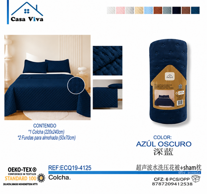 Colcha Acolchada Decorativo Azul Oscuro de Tamaño Queen  ECQ19-4125  220X240CM + Funda  50X70CM - Caja de 6 piezas.