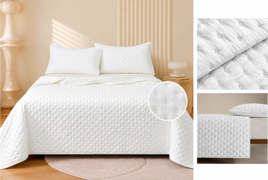Colcha Acolchada Decorativa Blanca de Tamaño Twin ECT11-0601  180X240CM + Funda  50X70CM - Caja de 6 piezas.