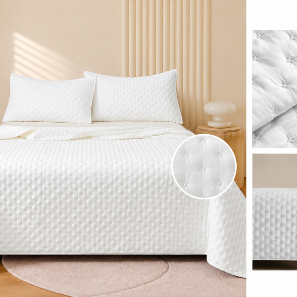 Colcha Acolchada Decorativa Blanca de Tamaño Twin ECT11-0601  180X240CM + Funda  50X70CM - Caja de 6 piezas.