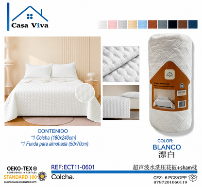 Colcha Acolchada Decorativa Blanca de Tamaño Twin ECT11-0601  180X240CM + Funda  50X70CM - Caja de 6 piezas.