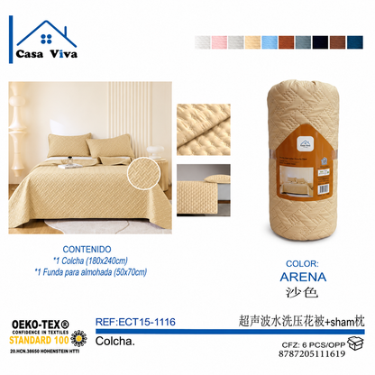 Colcha Acolchada Decorativo Arena de Tamaño Queen  ECQ15-1116  220X240CM + Funda  50X70CM - Caja de 6 piezas.