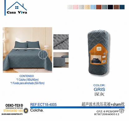 Colcha Acolchada Gris Decorativa de Tamaño Twin ECT18-4005 180X240CM + Funda  50X70CM - Caja de 6 piezas.