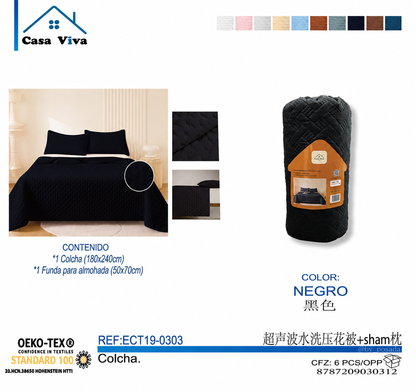 Colcha Acolchada Negro Decorativa de Tamaño Twin ECT19-0303  180X240CM + Funda  50X70CM - Caja de 6 piezas.