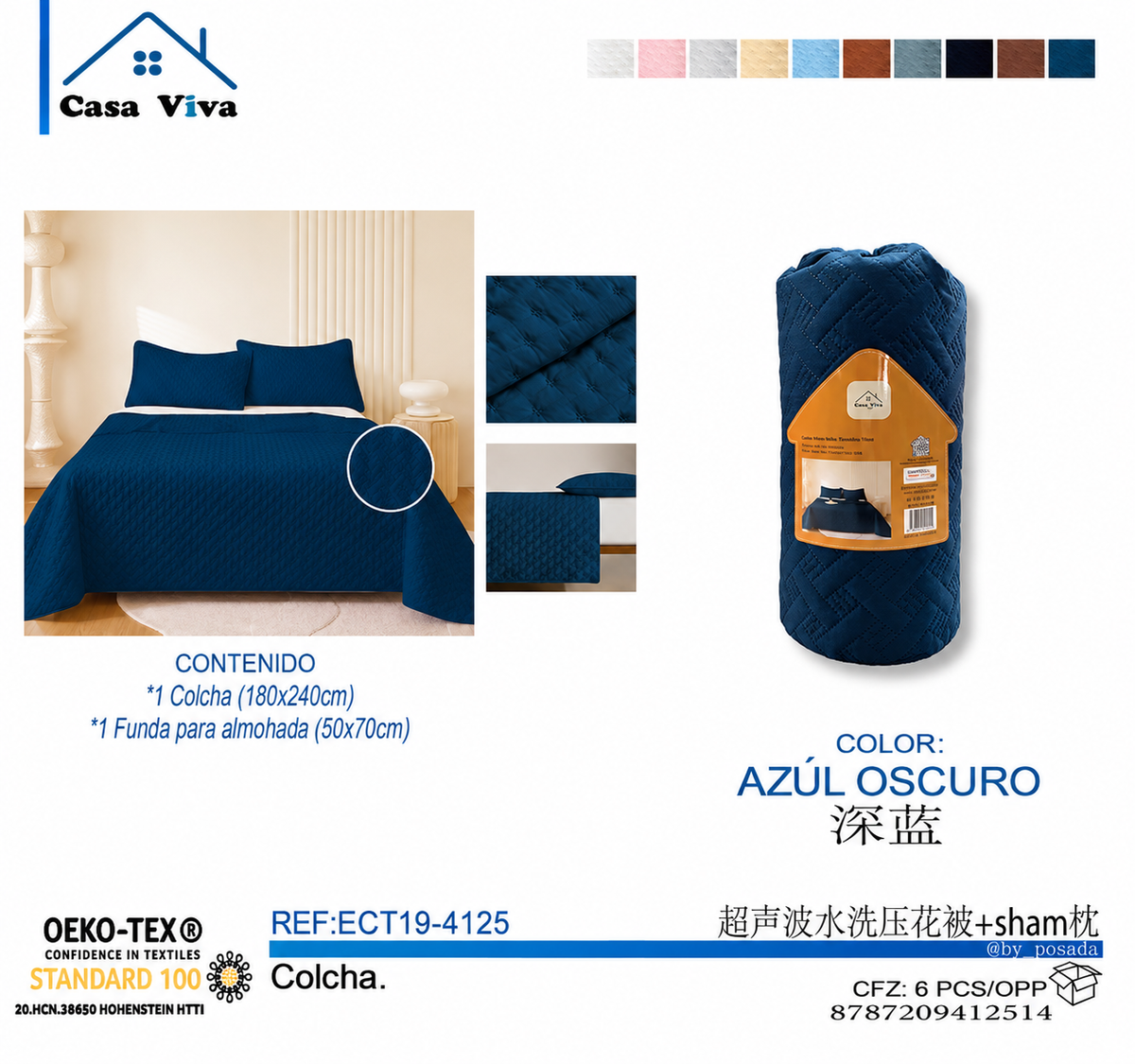 Colcha Acolchada Decorativo Azul Oscuro  de Tamaño Twin ECT19-4125  180X240CM + Funda  50X70CM - Caja de 6 piezas.