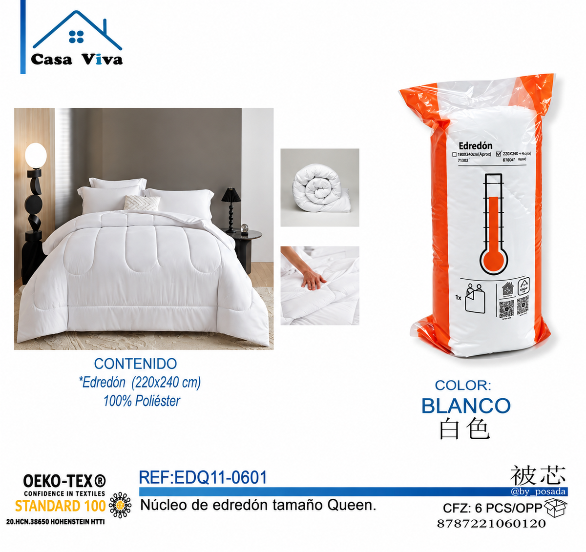 Edredòn Twin Blanco EDQ11-0601  220 x 240 cm 100% Polièster - Caja de 6 piezas