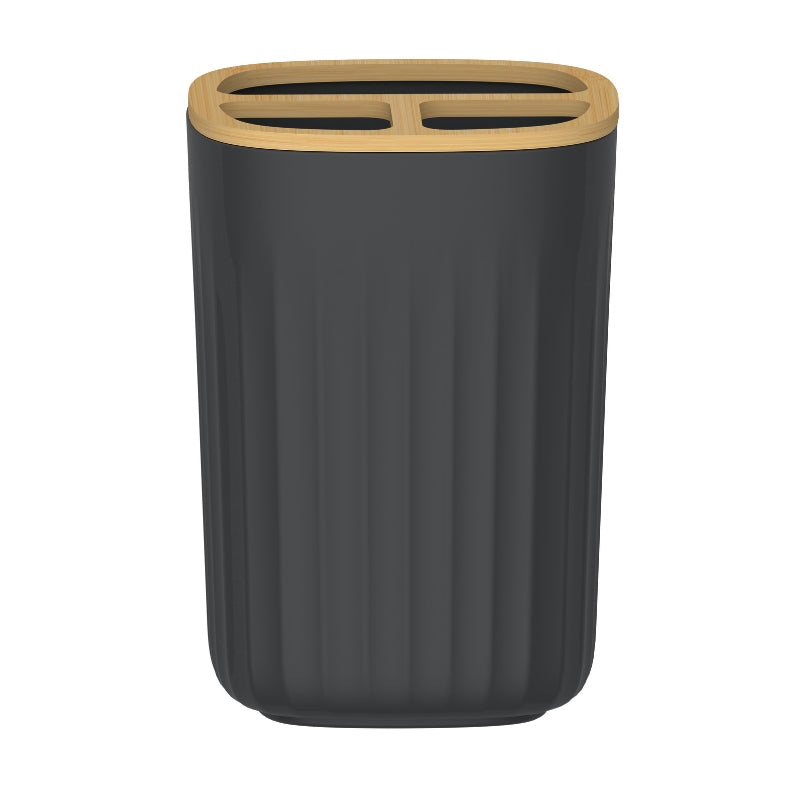 Vaso Portacepillos Nórdico Negro Azabache con Base de Bambú PF-7241 – Caja de 12 Piezas