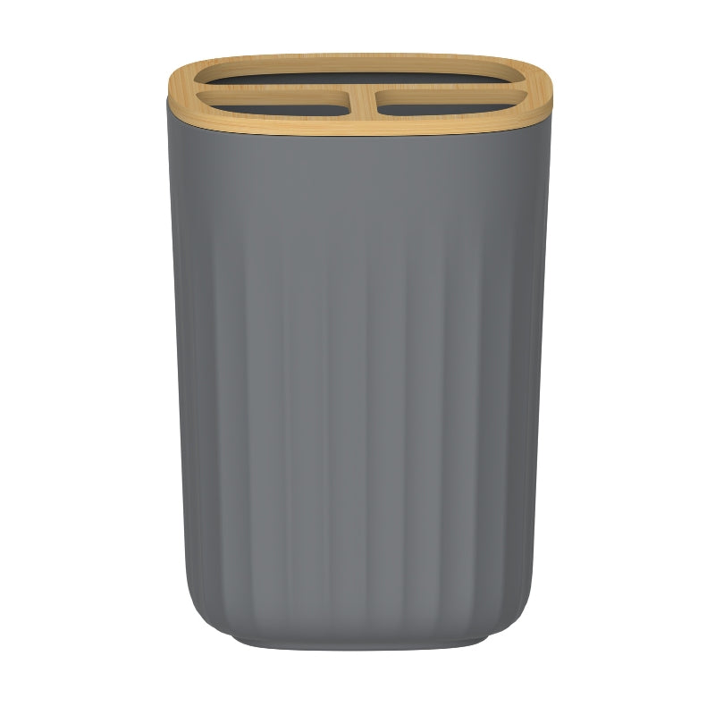 Vaso Portacepillos Nórdico Gris con Base de Bambú PF-7242 – Caja de 12 Piezas